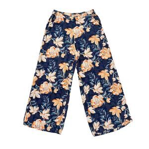 ROXY Floral Wide Leg Pants | Cropped Flowy Beach Vacation | Blue Teal Orange M